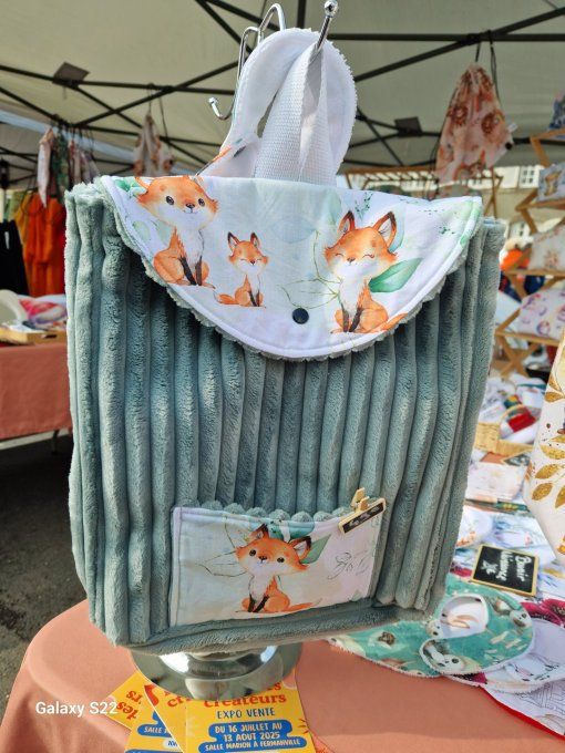 Sac junior renard, velours vert d'eau 