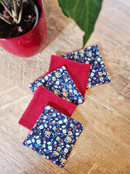 5 Lingettes démaquillantes fleuri bleu et rouge