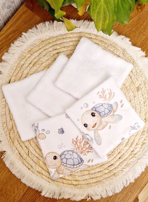 5 lingettes carré lavable Bébés tortues 