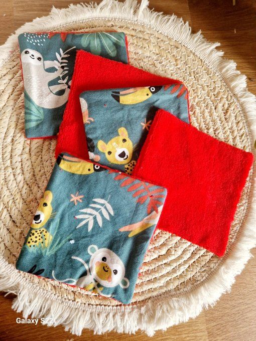 5 lingettes carré lavable animaux de la foret