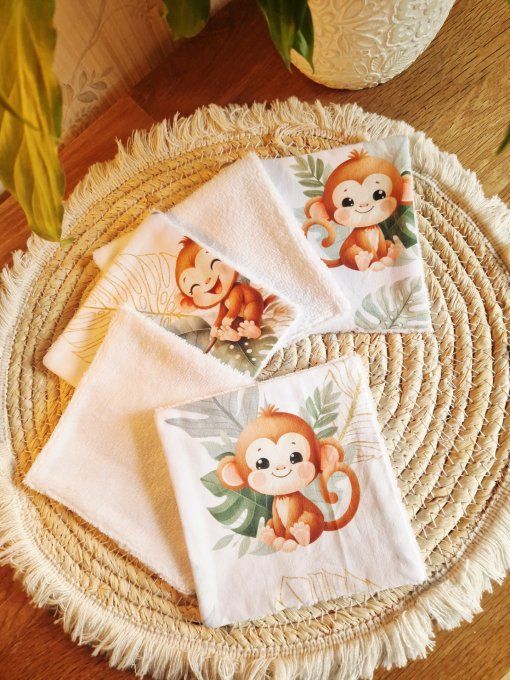 5 lingettes carré lavable Bébés singe